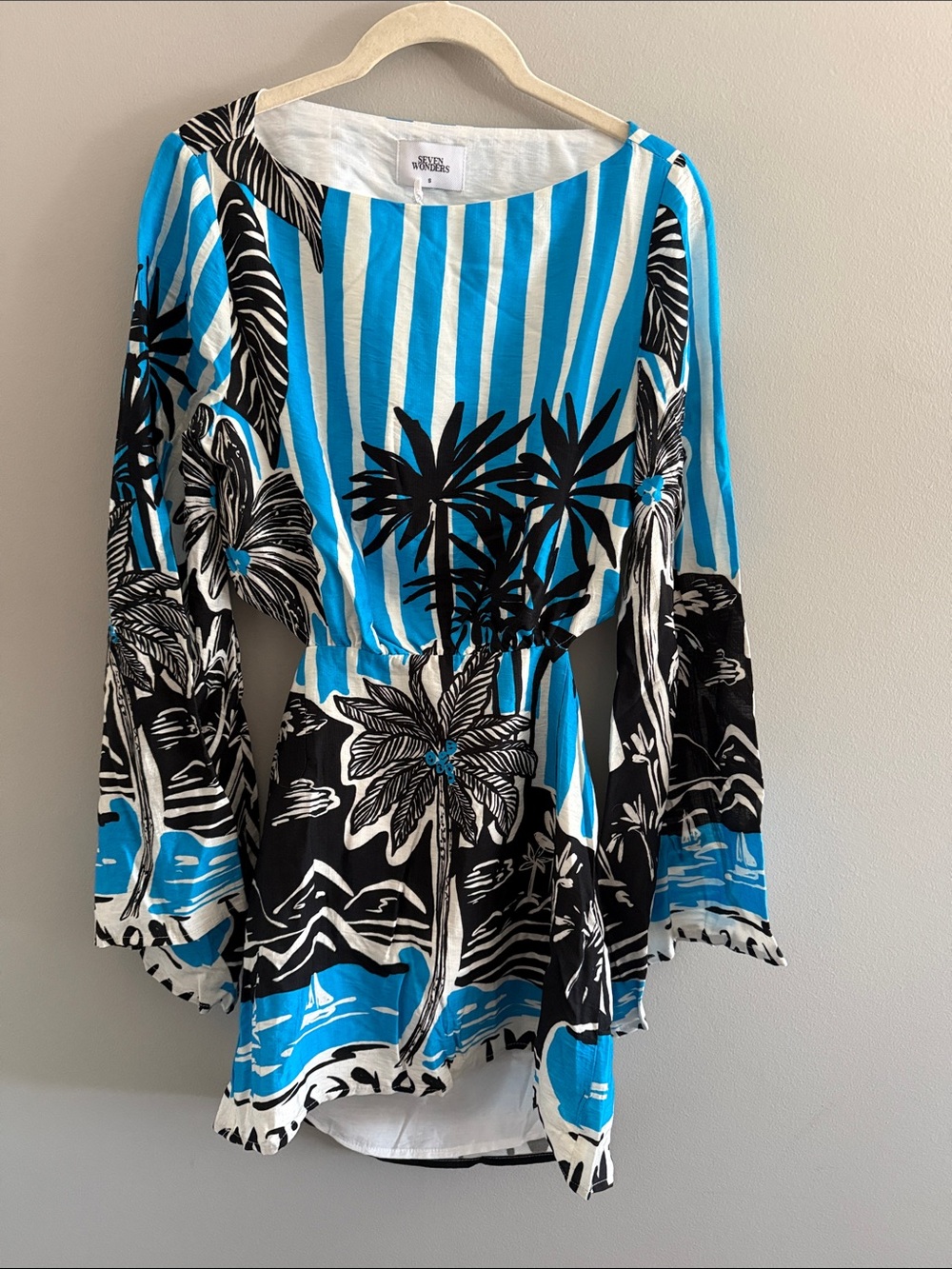 Tropical Palm Print Mini Dress in Bright Blue & Black - Picture 4 of 7